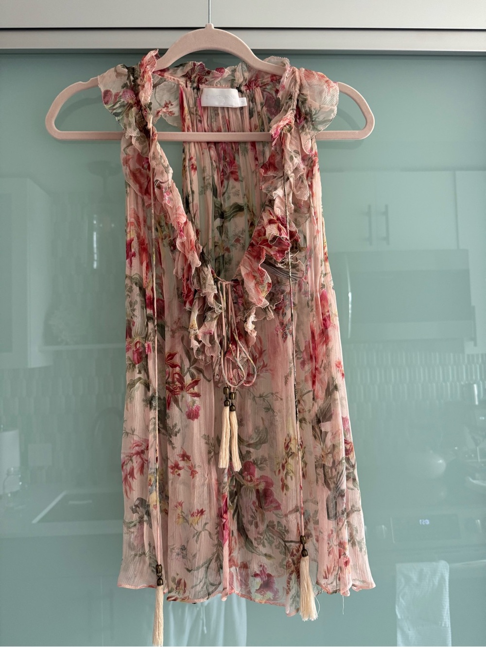 Zimmermann 100% Silk Pink and Green Floral Sheer Ruffle Blouse